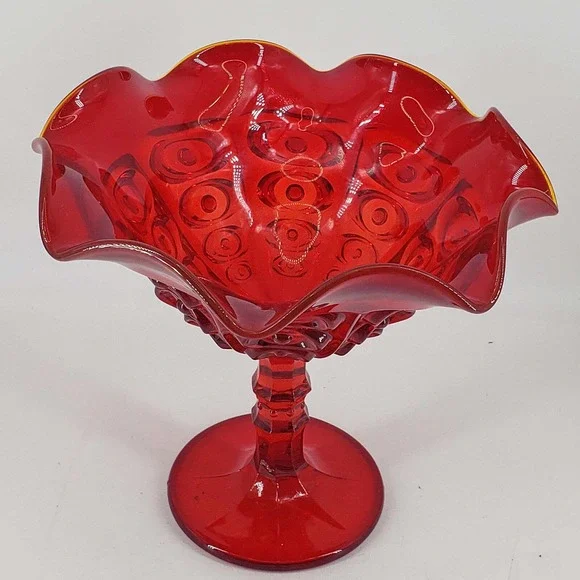 Vintage Viking Glass Bullseye Ruby Red Amberina Glowing edge footed Compote - Picture 3 of 4